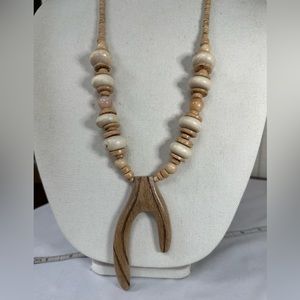Long unique carved wooden bead necklace